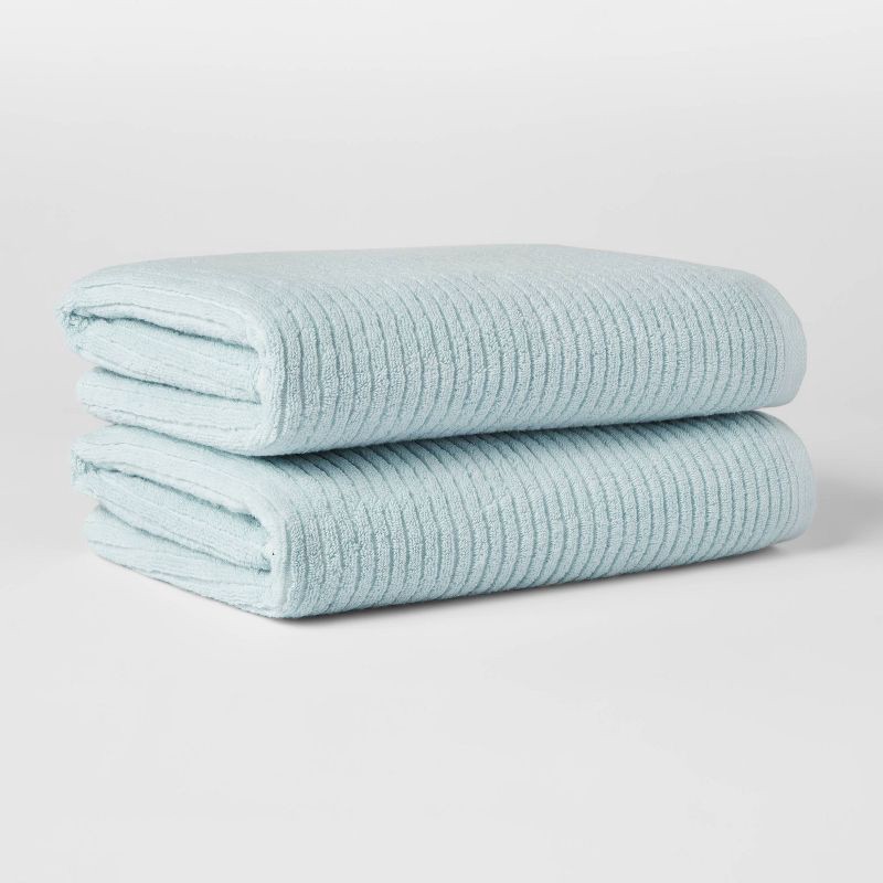 slide 1 of 4, 2pk Quick Dry Ribbed Bath Towel Set Aqua - Threshold™: Cotton Terry, Midweight 450-550 GSM, Machine Washable, 2 ct