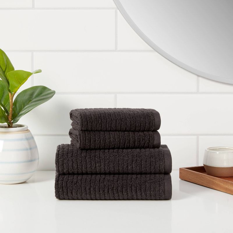 slide 2 of 6, 4pk Quick Dry Ribbed Hand/Wash Towel Set Washed Black - Threshold™: Cotton Terry, OEKO-TEX Certified, Midweight, 4 ct