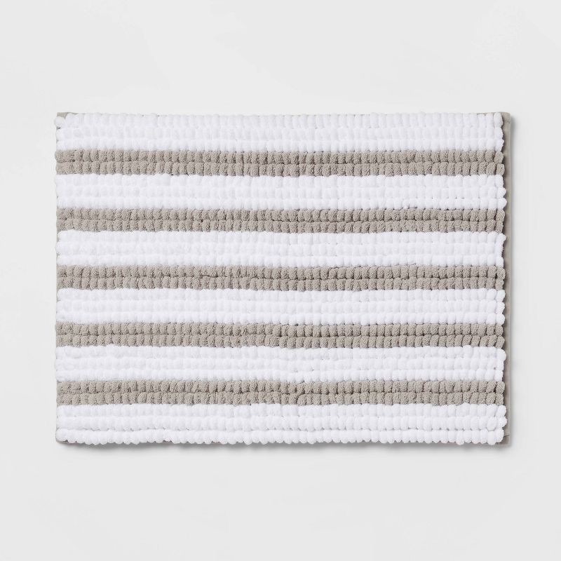 slide 1 of 7, 17"x24" Chunky Chenille Cushion Foam Bath Rug Light Gray Stripe - Room Essentials™: Tufted Memory Foam, PVC Backing, Machine Washable, 1 ct