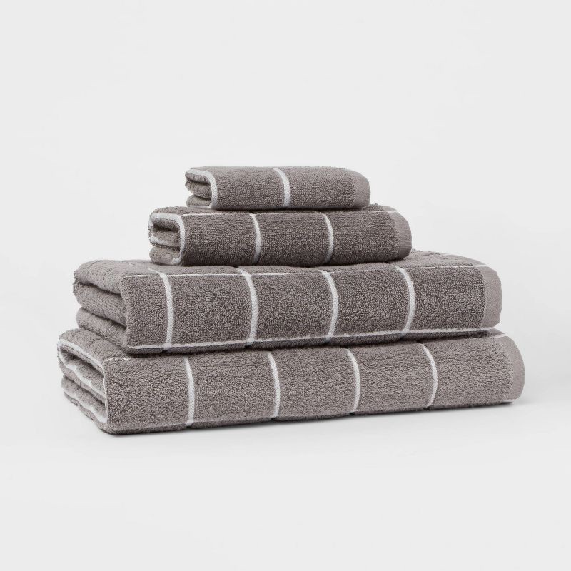 slide 4 of 4, Everyday Grid Bath Towel Dark Gray - Room Essentials™: Midweight Cotton Blend, Machine Washable, Low Lint, 1 ct