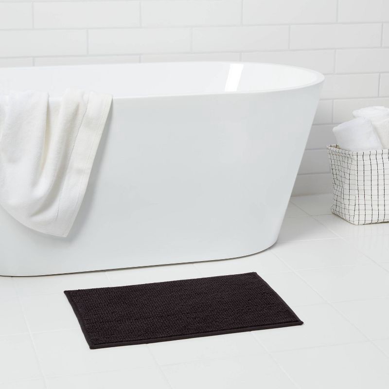 slide 2 of 7, 17"x24" Everyday Chenille Bath Rug Black - Room Essentials™: Machine Washable, Tufted Recycled Polyester, Non-Slip Backing, 1 ct