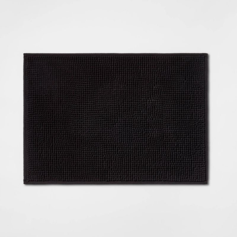 slide 1 of 7, 17"x24" Everyday Chenille Bath Rug Black - Room Essentials™: Machine Washable, Tufted Recycled Polyester, Non-Slip Backing, 1 ct