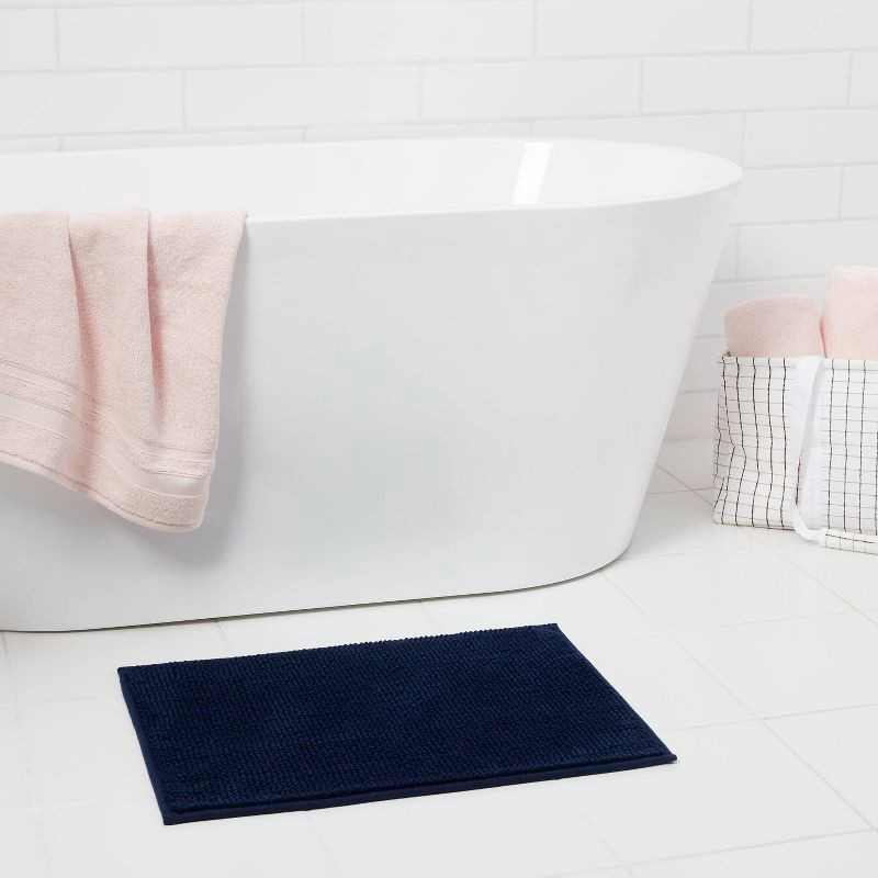 slide 2 of 7, 17"x24" Everyday Chenille Bath Rug Navy - Room Essentials™: Machine Washable, Tufted Polyester, Low Pile, 1 ct