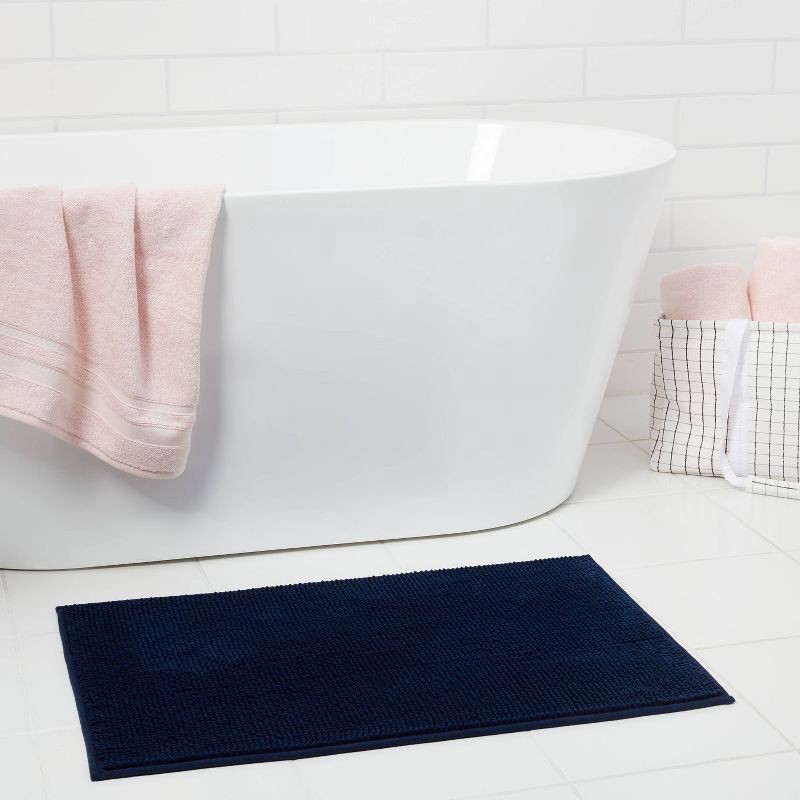 slide 2 of 7, 20"x32" Everyday Chenille Bath Rug Navy - Room Essentials™: Machine Washable, Tufted Recycled Polyester, Non-Slip Backing, 1 ct