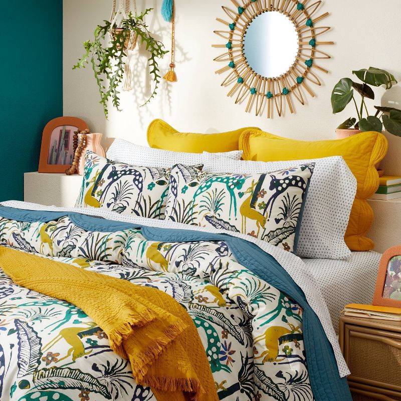 slide 2 of 5, Opalhouse designed with Jungalow Full Printed Cotton Percale Sheet Set Teal Dash - Opalhouse™ designed with Jungalow™: 220 Thread Count, Bohemian Style, 1 ct