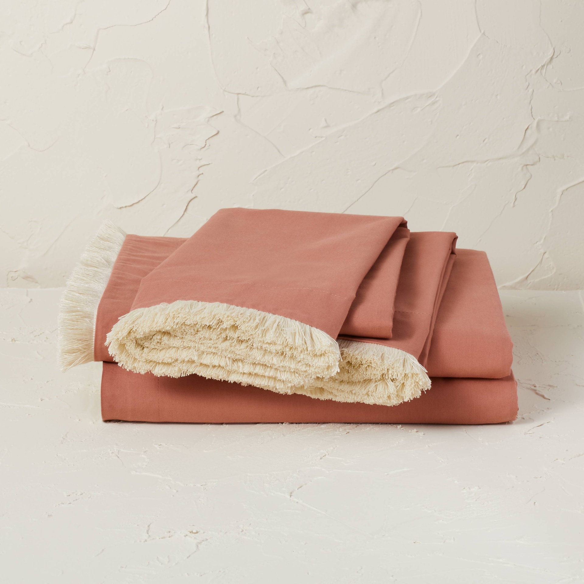 slide 1 of 4, Queen Fringe Cotton Percale Sheet Set Coral - Opalhouse designed with Jungalow, 1 ct