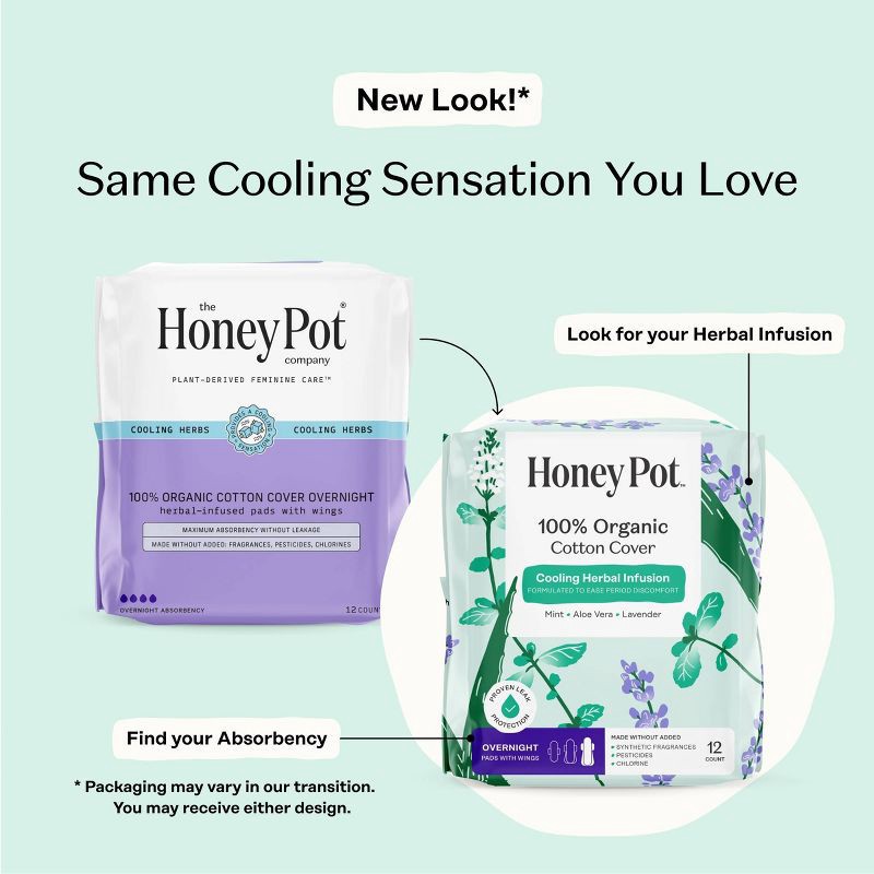 slide 3 of 15, The Honey Pot Company 100% Organic Cotton Cover Cooling Herbal Infusion Overnight Pads - 12ct, 12 ct