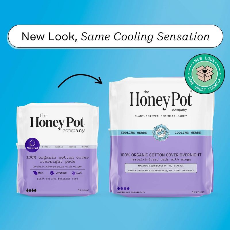 slide 3 of 12, The Honey Pot Company Herbal Overnight Pads with Wings, Organic Cotton Cover - 12ct, 12 ct