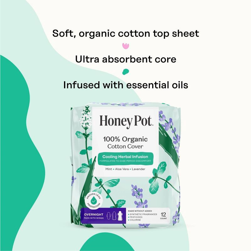 slide 4 of 15, The Honey Pot Company 100% Organic Cotton Cover Cooling Herbal Infusion Overnight Pads - 12ct, 12 ct