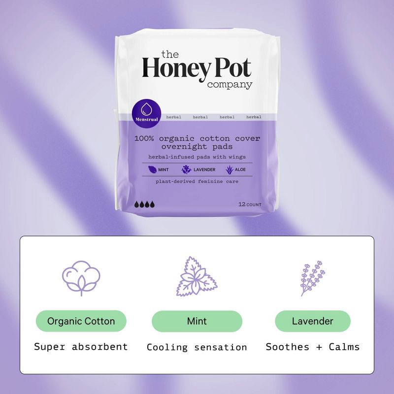 slide 4 of 10, The Honey Pot Company Herbal Overnight Pads with Wings, Organic Cotton Cover - 12ct, 12 ct