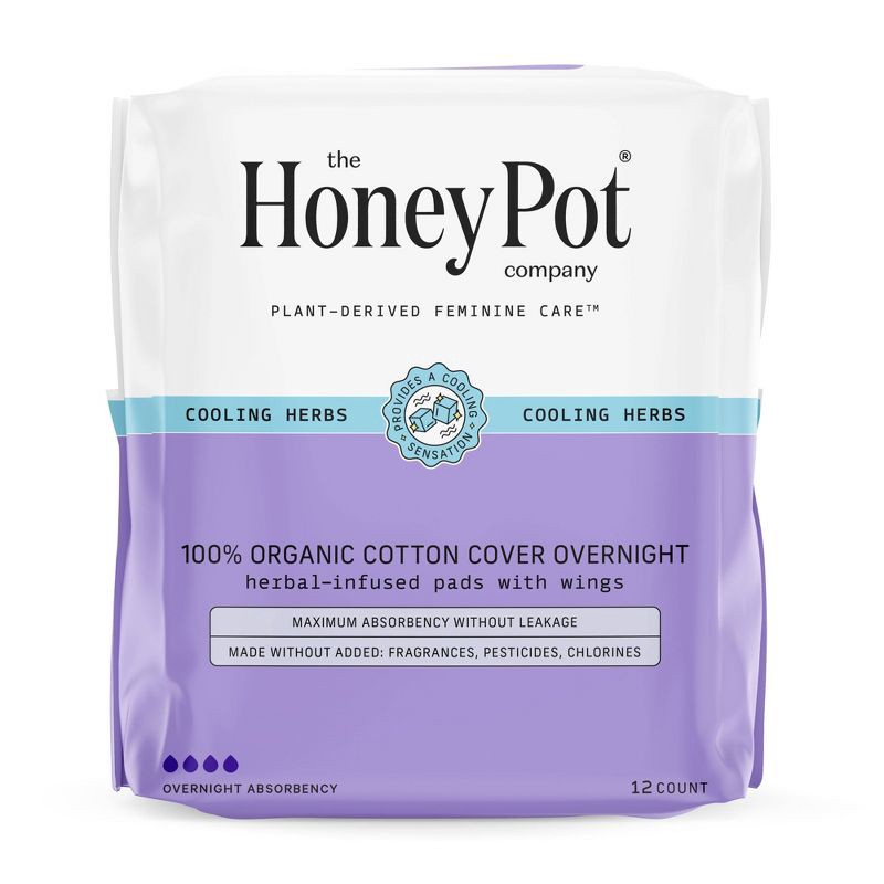 slide 1 of 12, The Honey Pot Company Herbal Overnight Pads with Wings, Organic Cotton Cover - 12ct, 12 ct