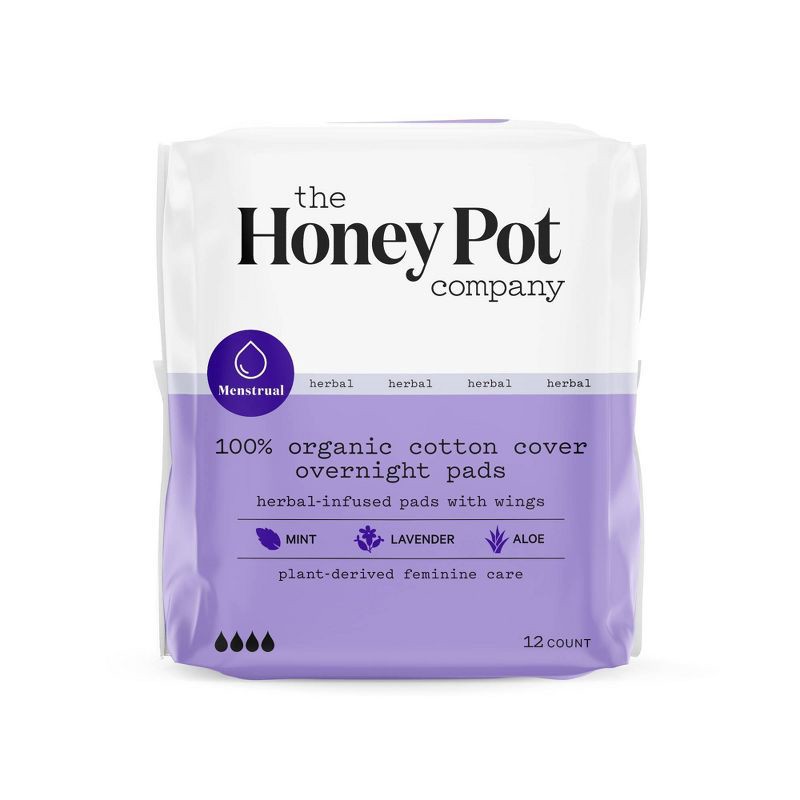 slide 1 of 10, The Honey Pot Company Herbal Overnight Pads with Wings, Organic Cotton Cover - 12ct, 12 ct