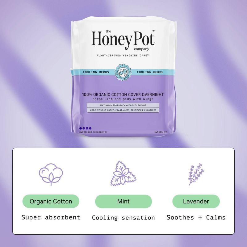 slide 5 of 12, The Honey Pot Company Herbal Overnight Pads with Wings, Organic Cotton Cover - 12ct, 12 ct