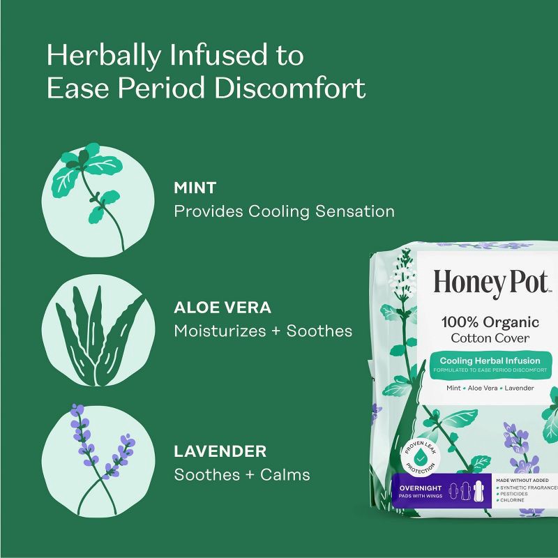 slide 6 of 15, The Honey Pot Company 100% Organic Cotton Cover Cooling Herbal Infusion Overnight Pads - 12ct, 12 ct
