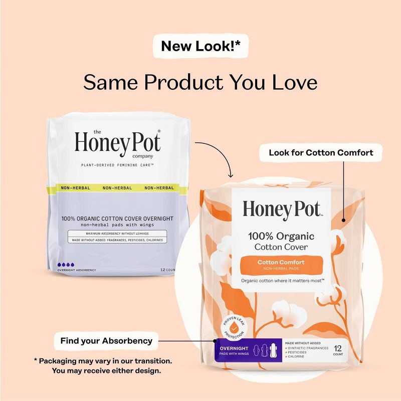 slide 3 of 15, The Honey Pot Company, Non-Herbal Overnight Pads with Wings, Organic Cotton Cover - 12 ct, 12 ct