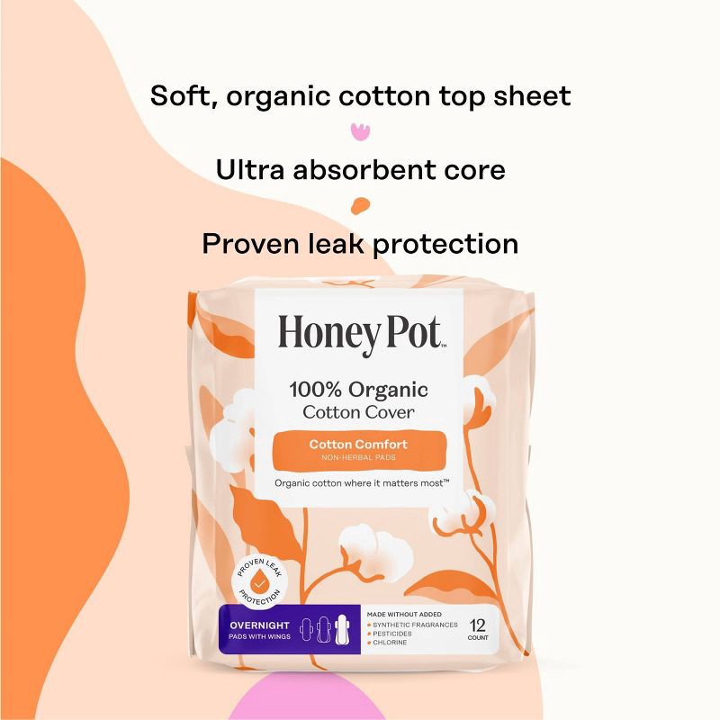 slide 4 of 15, The Honey Pot Company, Non-Herbal Overnight Pads with Wings, Organic Cotton Cover - 12 ct, 12 ct