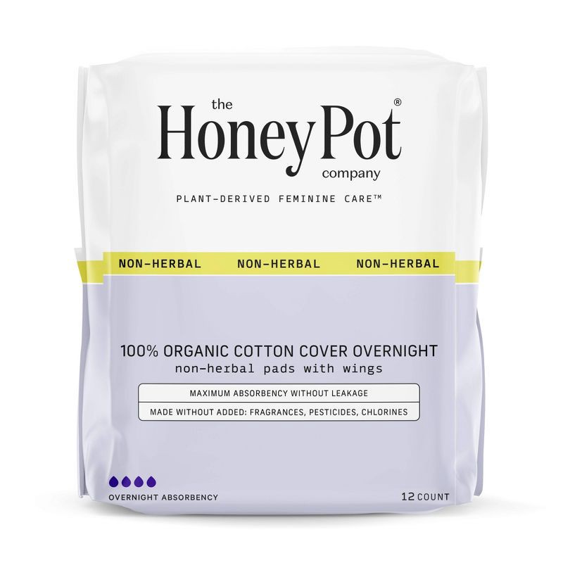 slide 1 of 9, The Honey Pot Company, Non-Herbal Overnight Pads with Wings, Organic Cotton Cover - 12 ct, 12 ct