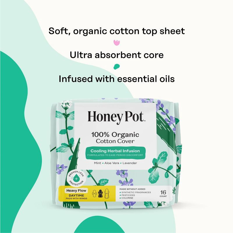 slide 4 of 15, The Honey Pot Company 100% Organic Cotton Cover Cooling Herbal Infusion Heavy Flow Daytime Pad - 16ct, 16 ct