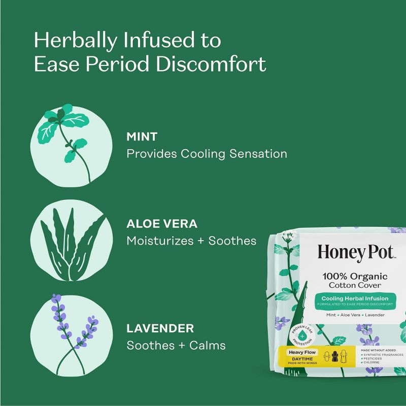 slide 5 of 15, The Honey Pot Company 100% Organic Cotton Cover Cooling Herbal Infusion Heavy Flow Daytime Pad - 16ct, 16 ct