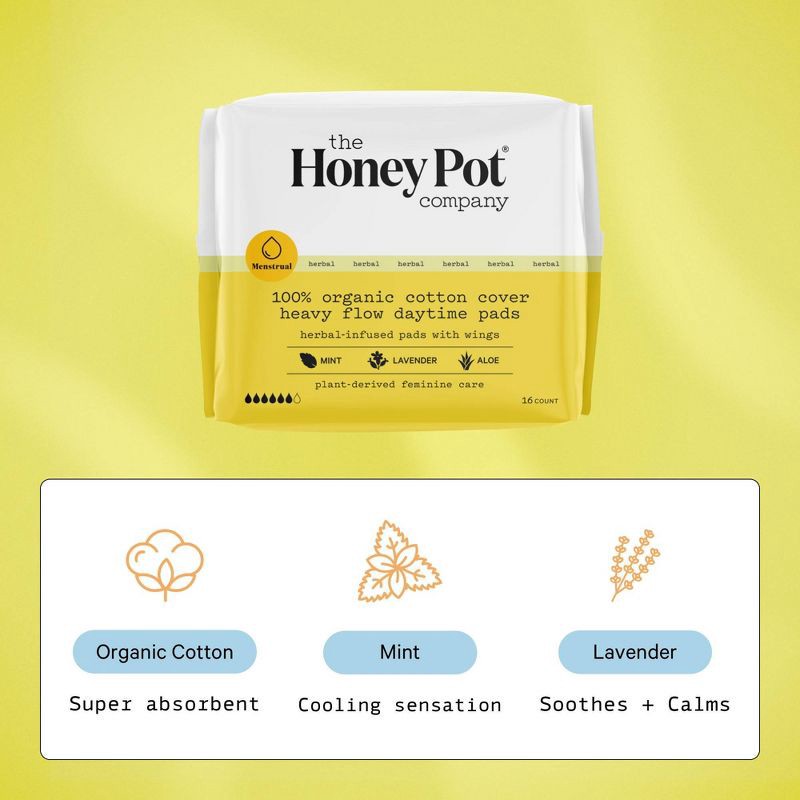 slide 5 of 11, The Honey Pot Company, Herbal Daytime Heavy Flow Pads with Wings, Organic Cotton Cover - 16ct, 16 ct