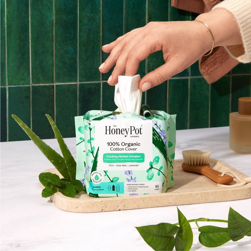 slide 2 of 15, The Honey Pot Company 100% Organic Cotton Cover Cooling Herbal Infusion Super Pads - 16ct, 16 ct