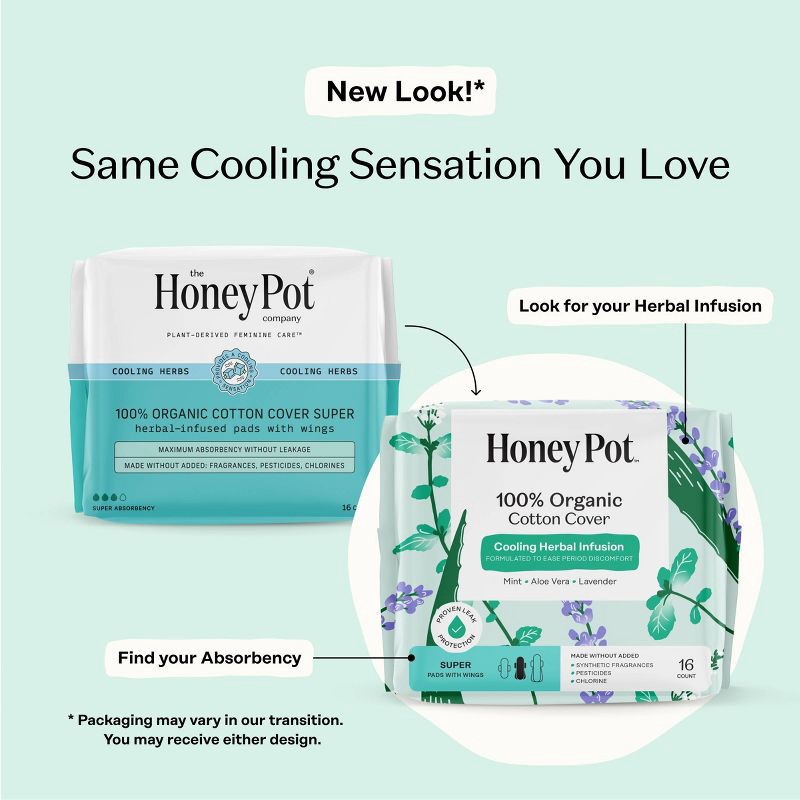 slide 3 of 15, The Honey Pot Company 100% Organic Cotton Cover Cooling Herbal Infusion Super Pads - 16ct, 16 ct