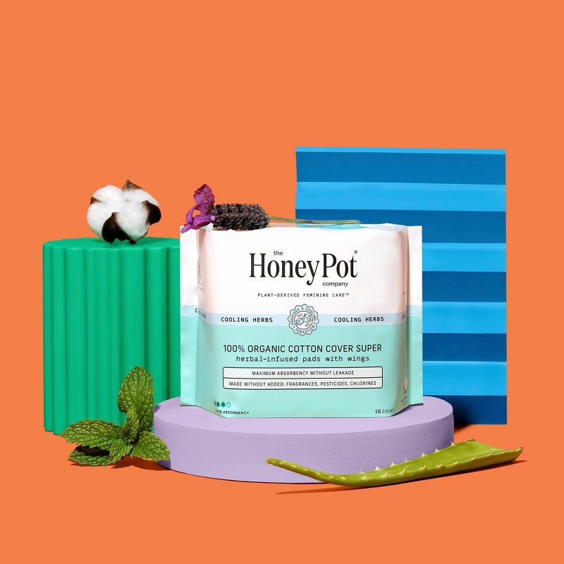 slide 4 of 12, The Honey Pot Company, Herbal Super Pads with Wings, Organic Cotton Cover - 16ct, 16 ct