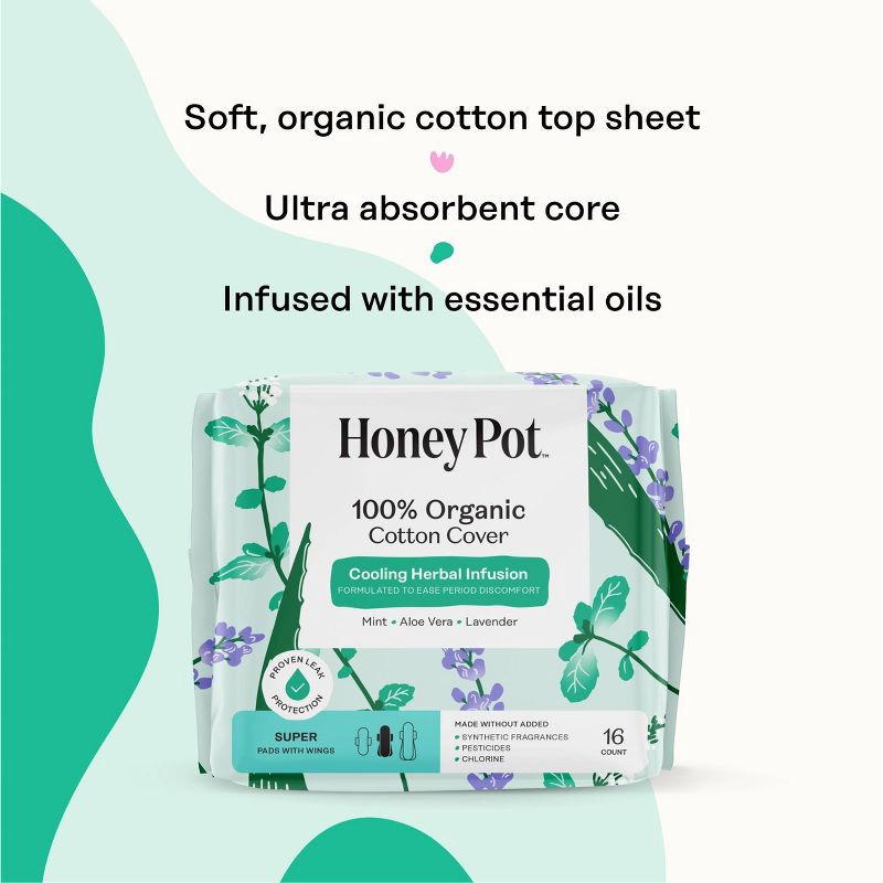 slide 4 of 15, The Honey Pot Company 100% Organic Cotton Cover Cooling Herbal Infusion Super Pads - 16ct, 16 ct