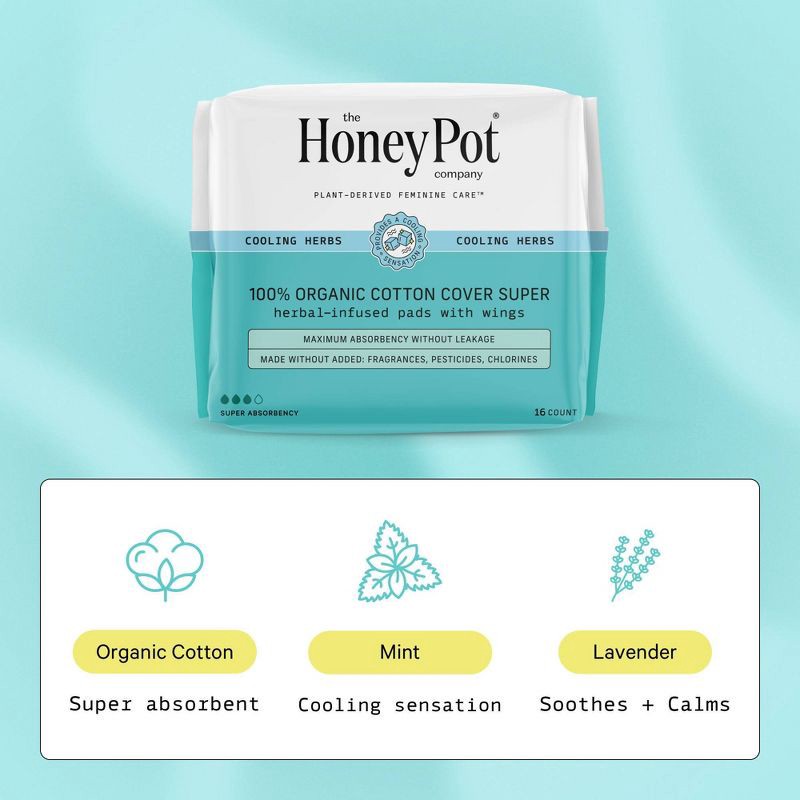 slide 5 of 12, The Honey Pot Company, Herbal Super Pads with Wings, Organic Cotton Cover - 16ct, 16 ct