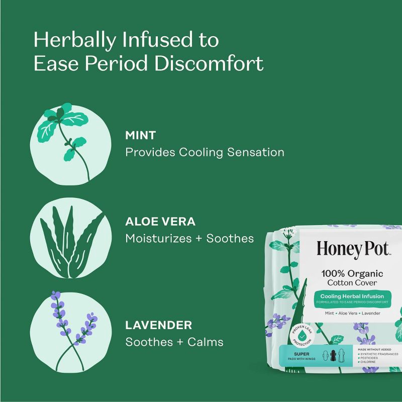 slide 6 of 15, The Honey Pot Company 100% Organic Cotton Cover Cooling Herbal Infusion Super Pads - 16ct, 16 ct