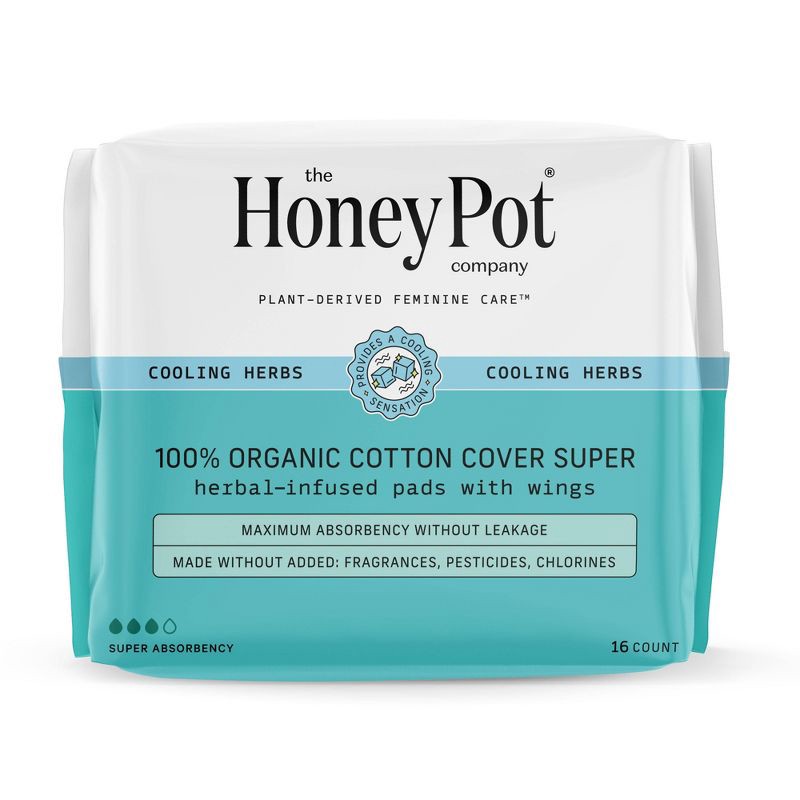 slide 1 of 12, The Honey Pot Company, Herbal Super Pads with Wings, Organic Cotton Cover - 16ct, 16 ct