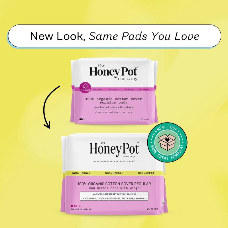 slide 3 of 12, The Honey Pot Company, Non-Herbal Regular Pads with Wings, Organic Cotton Cover - 20ct, 20 ct