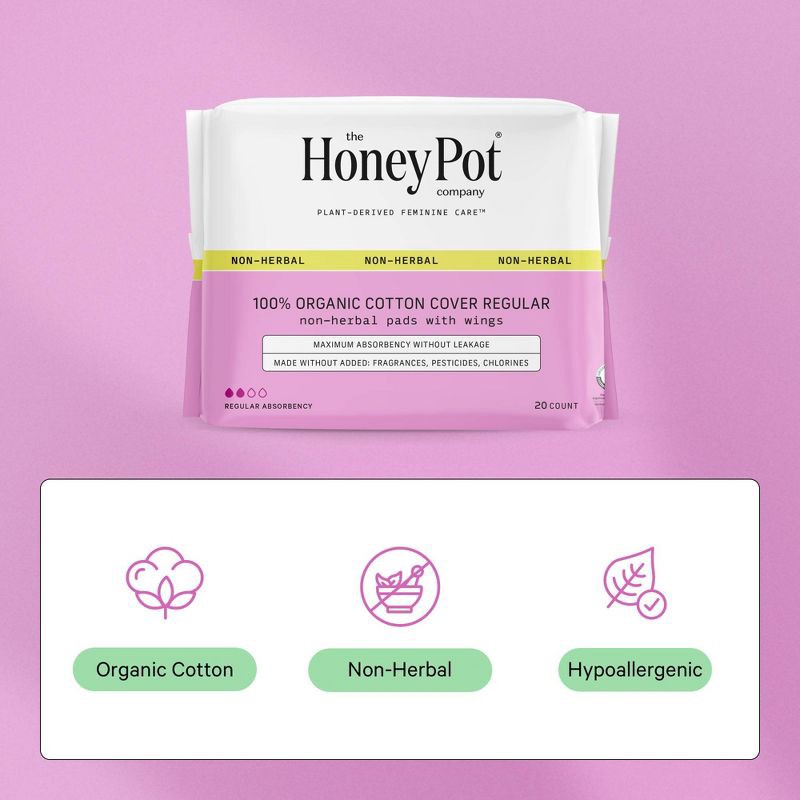 slide 6 of 12, The Honey Pot Company, Non-Herbal Regular Pads with Wings, Organic Cotton Cover - 20ct, 20 ct