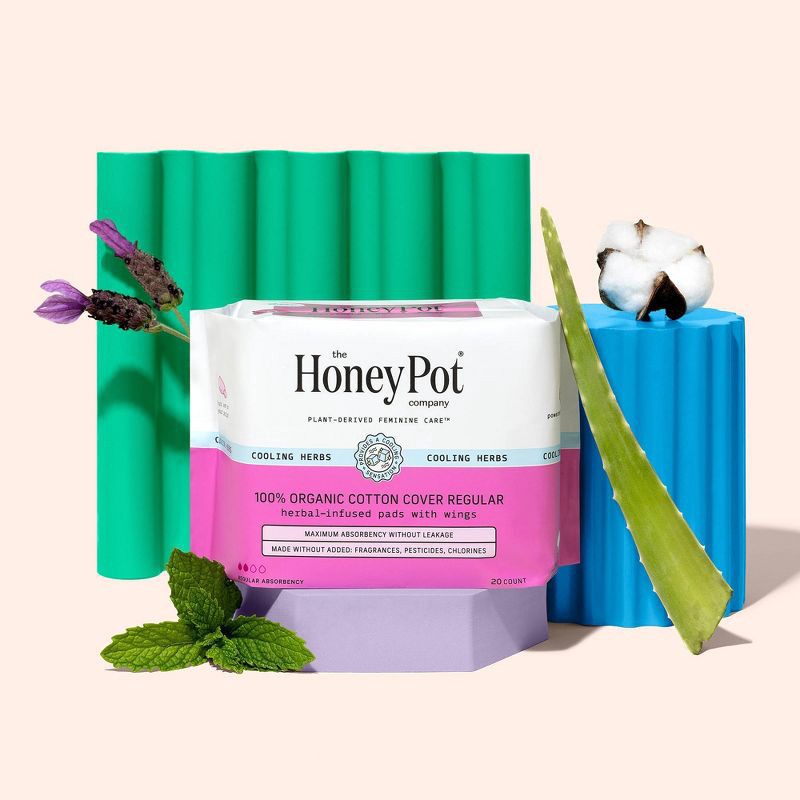 slide 3 of 10, The Honey Pot Company, Herbal Regular Pads with Wings, Organic Cotton Cover - 20ct, 20 ct