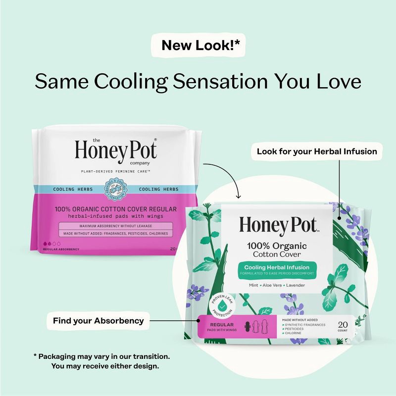 slide 3 of 15, The Honey Pot Company 100% Organic Cotton Cover Cooling Herbal Infusion Regular Pads - 20ct, 20 ct