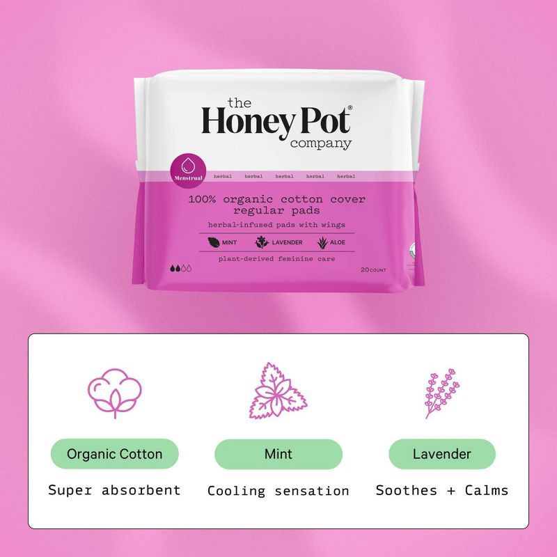 slide 5 of 10, The Honey Pot Company, Herbal Regular Pads with Wings, Organic Cotton Cover - 20ct, 20 ct