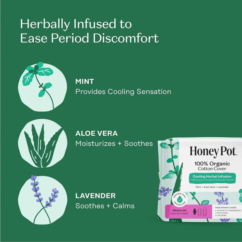 slide 6 of 15, The Honey Pot Company 100% Organic Cotton Cover Cooling Herbal Infusion Regular Pads - 20ct, 20 ct