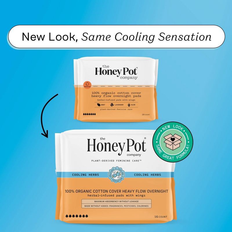 slide 2 of 10, The Honey Pot Company, Herbal Overnight Heavy Flow Pads with Wings, Organic Cotton Cover - 16ct, 16 ct