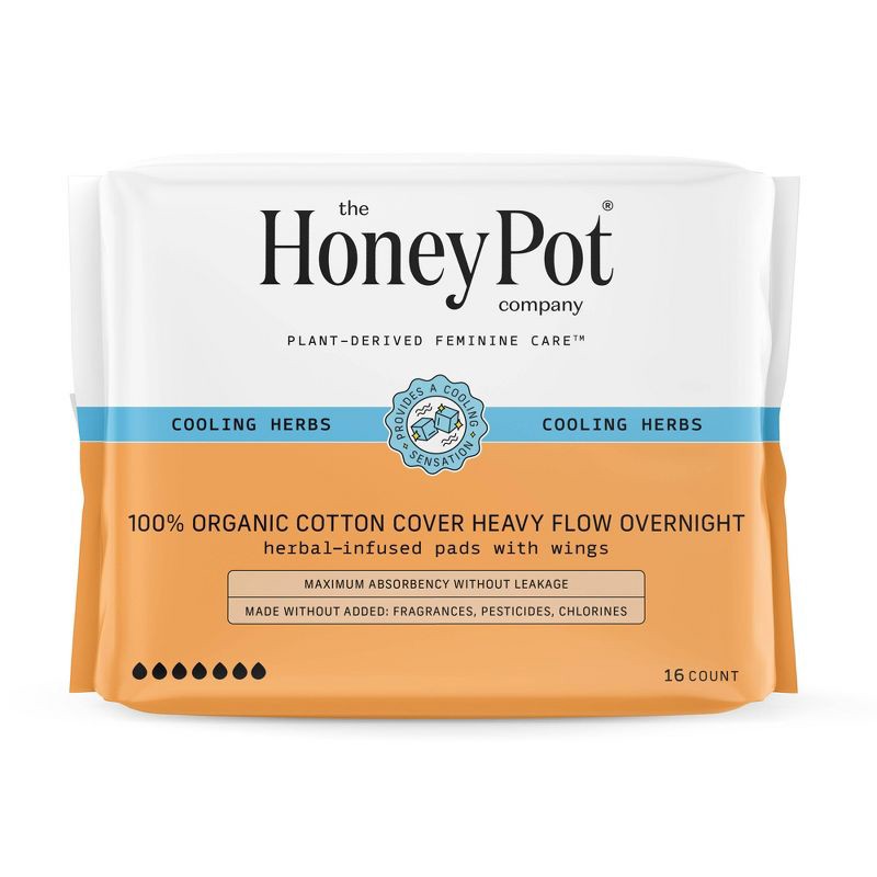 slide 1 of 10, The Honey Pot Company, Herbal Overnight Heavy Flow Pads with Wings, Organic Cotton Cover - 16ct, 16 ct