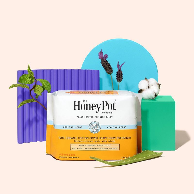 slide 3 of 10, The Honey Pot Company, Herbal Overnight Heavy Flow Pads with Wings, Organic Cotton Cover - 16ct, 16 ct