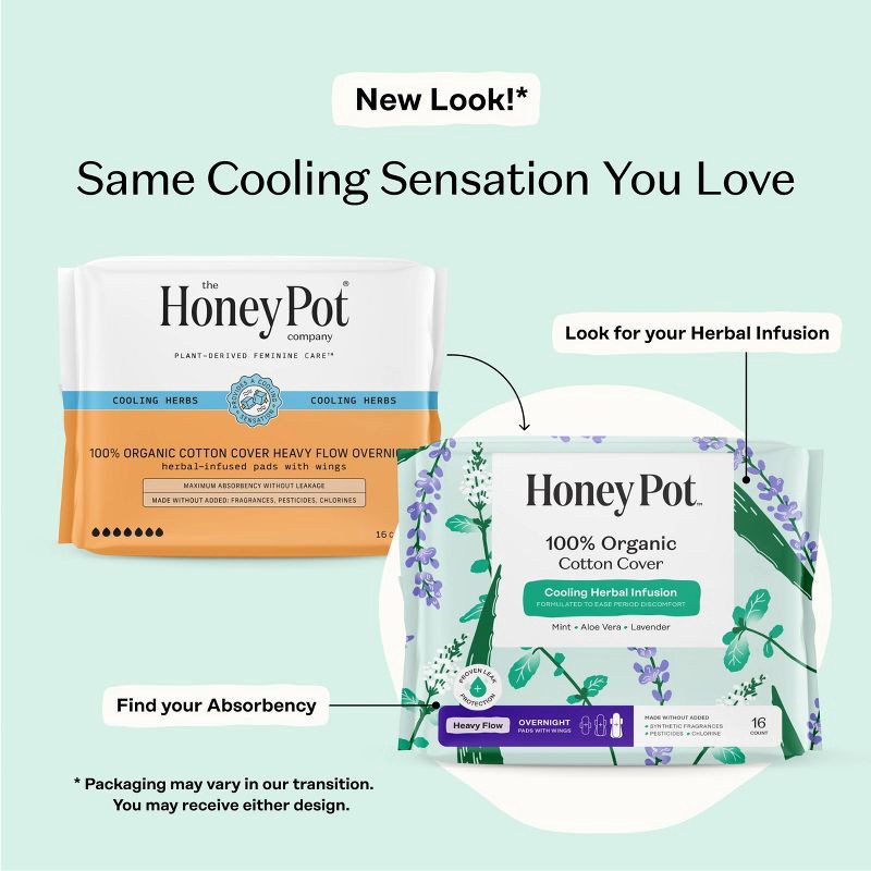 slide 3 of 15, The Honey Pot Company 100% Organic Cotton Cover Cooling Herbal Infusion Heavy Flow Overnight Pads - 16ct, 16 ct