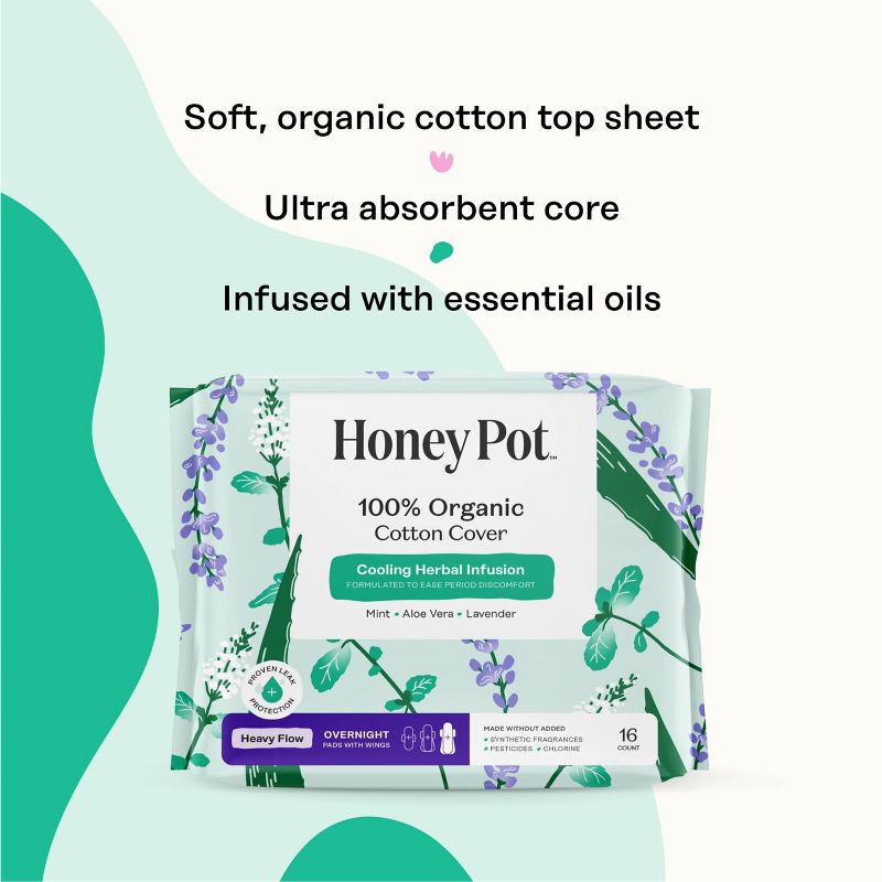 slide 4 of 15, The Honey Pot Company 100% Organic Cotton Cover Cooling Herbal Infusion Heavy Flow Overnight Pads - 16ct, 16 ct