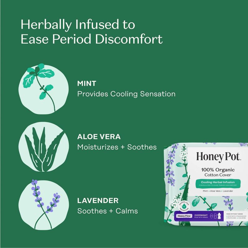slide 5 of 15, The Honey Pot Company 100% Organic Cotton Cover Cooling Herbal Infusion Heavy Flow Overnight Pads - 16ct, 16 ct