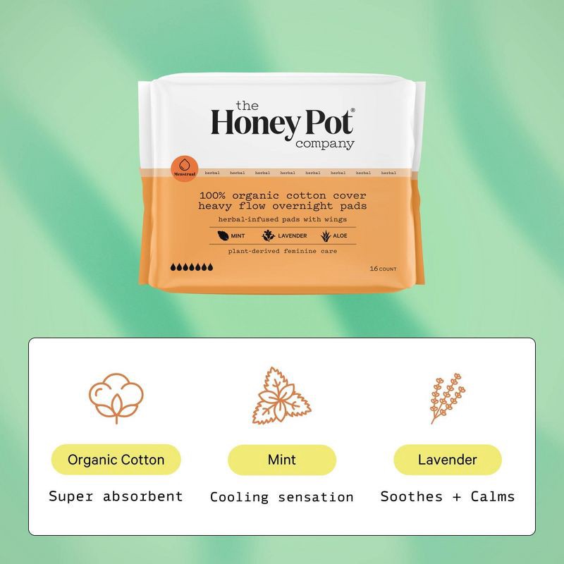 slide 5 of 10, The Honey Pot Company, Herbal Overnight Heavy Flow Pads with Wings, Organic Cotton Cover - 16ct, 16 ct