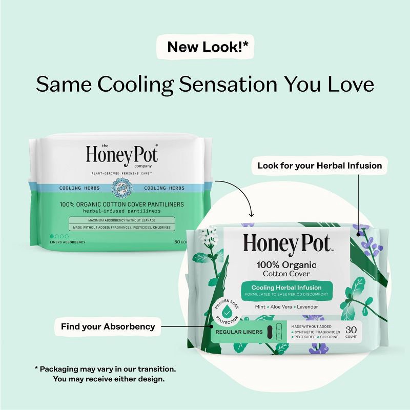 slide 3 of 15, The Honey Pot Company 100% Organic Cotton Cover Cooling Herbal Infusion Regular Liners - 30ct, 30 ct