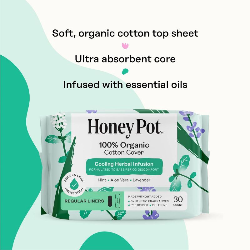 slide 4 of 15, The Honey Pot Company 100% Organic Cotton Cover Cooling Herbal Infusion Regular Liners - 30ct, 30 ct