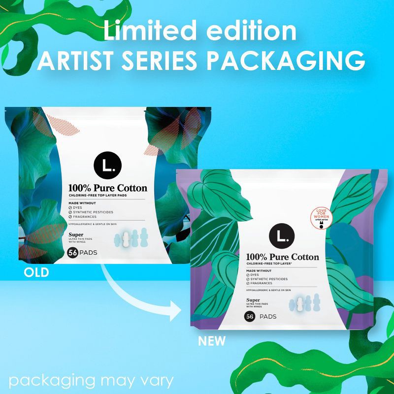 slide 3 of 10, L . Pure Cotton Chlorine Free Top Layer Ultra Thin Super With Wings Unscented Absorbency Pads - 56ct, 56 ct