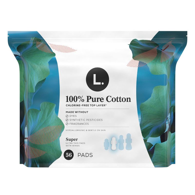 slide 12 of 13, L . Pure Cotton Chlorine Free Top Layer Ultra Thin Super With Wings Unscented Absorbency Pads - 56ct, 56 ct