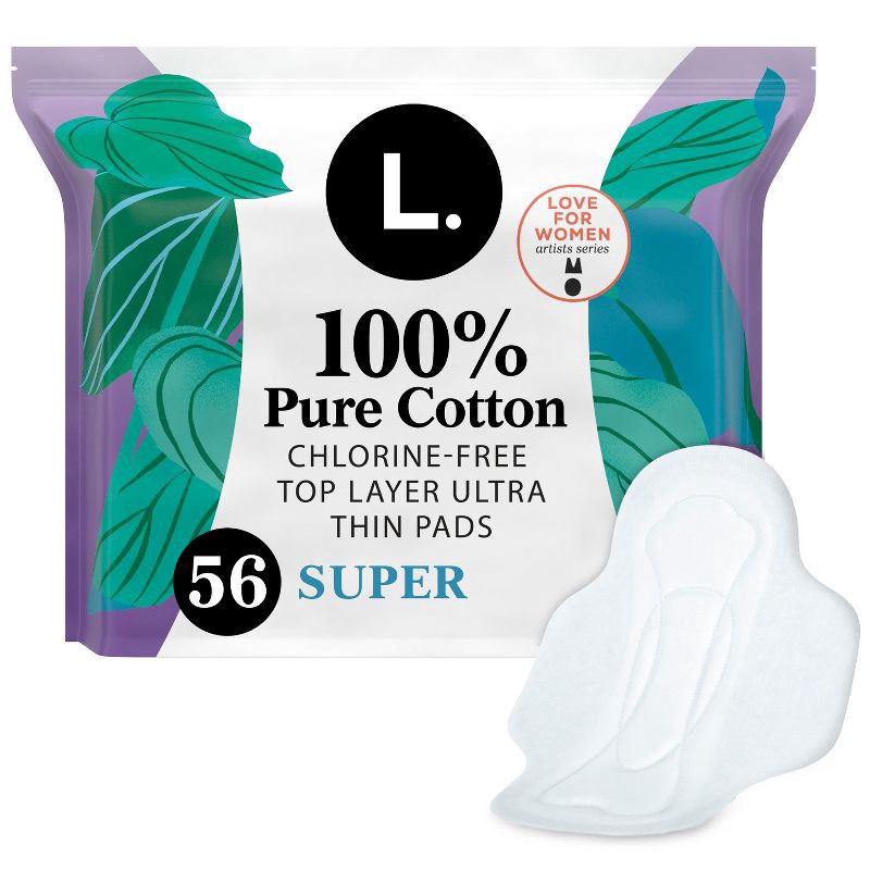 slide 1 of 13, L . Pure Cotton Chlorine Free Top Layer Ultra Thin Super With Wings Unscented Absorbency Pads - 56ct, 56 ct