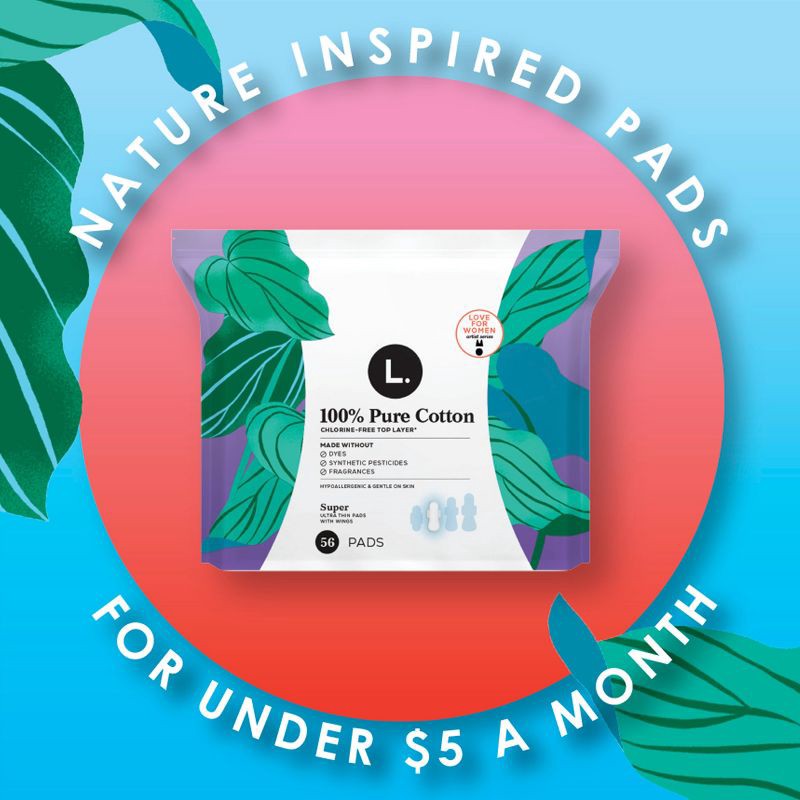 slide 8 of 10, L . Pure Cotton Chlorine Free Top Layer Ultra Thin Super With Wings Unscented Absorbency Pads - 56ct, 56 ct